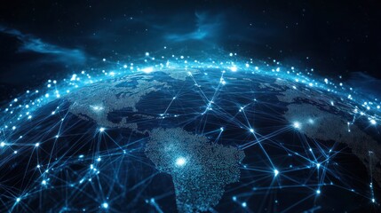 Global digital network connecting the world, futuristic blue earth concept