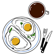 vector hand-drawn illustration, an overhead view of a breakfast plate: sunny side up eggs on toast and coffee