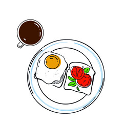 Vector illustration of a breakfast plate: a breakfast sandwich with sunny side up eggs, herbs,, and tomatoes on toast with a cup of coffe. Vverhead  vector line work  flatlay of a breakfast meal