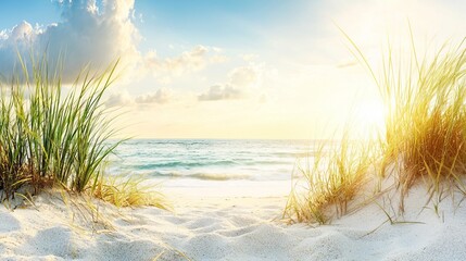 Serene Coastal View with Soft Sand and Warm Sunlight at Dusk