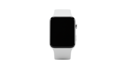 A close up shot of a smart watch with a black screen and a white band on a black background studio shot