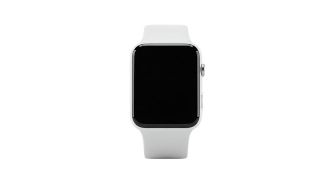 A close up shot of a smart watch with a black screen and a white band on a black background studio shot