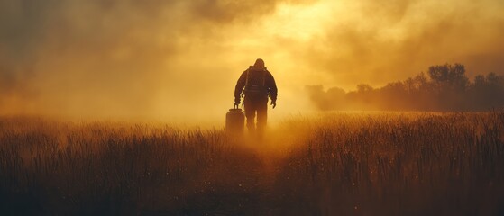 Man walking through a hazy field carrying a container