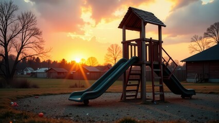 Fototapeta premium Sunset Serenity A Child's Playground at Golden Hour, Silhouetted Against a Vibrant Sky