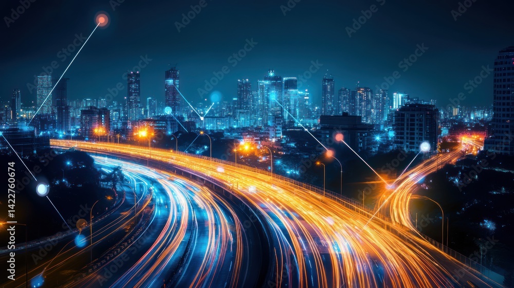 Poster futuristic cityscape with light trails conveying movement, data and interconnectedness