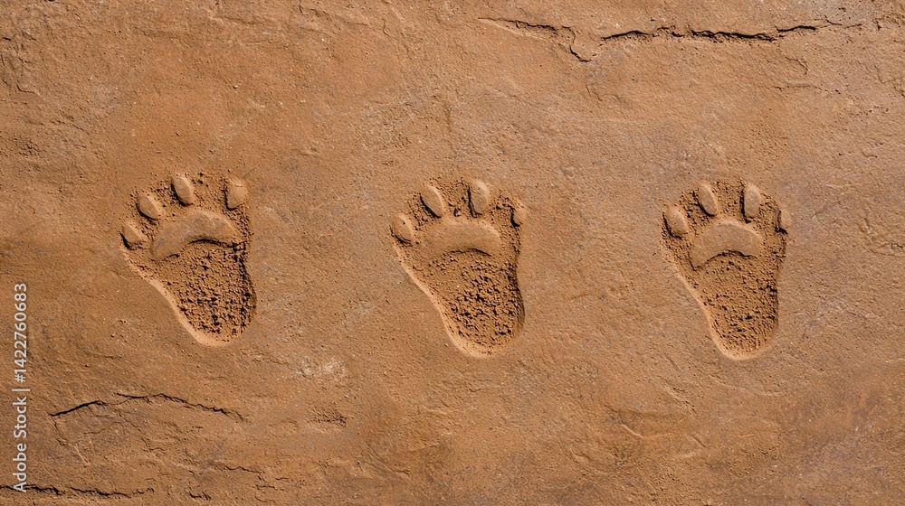 Poster a close-up of three distinct footprints imprinted in a sandy surface, showcasing their unique shapes