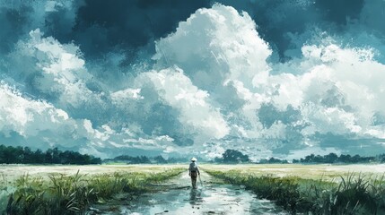 Traveler walks through a wet rice field under cloudy skies
