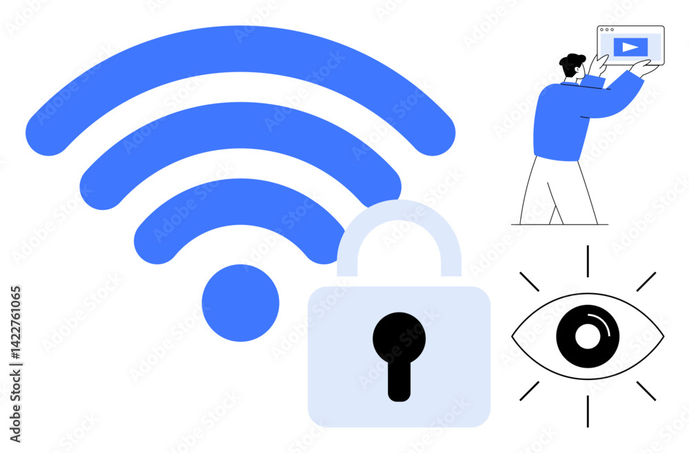 Poster wireless waves, lock for data security, eye representing surveillance, and a person using a digital 