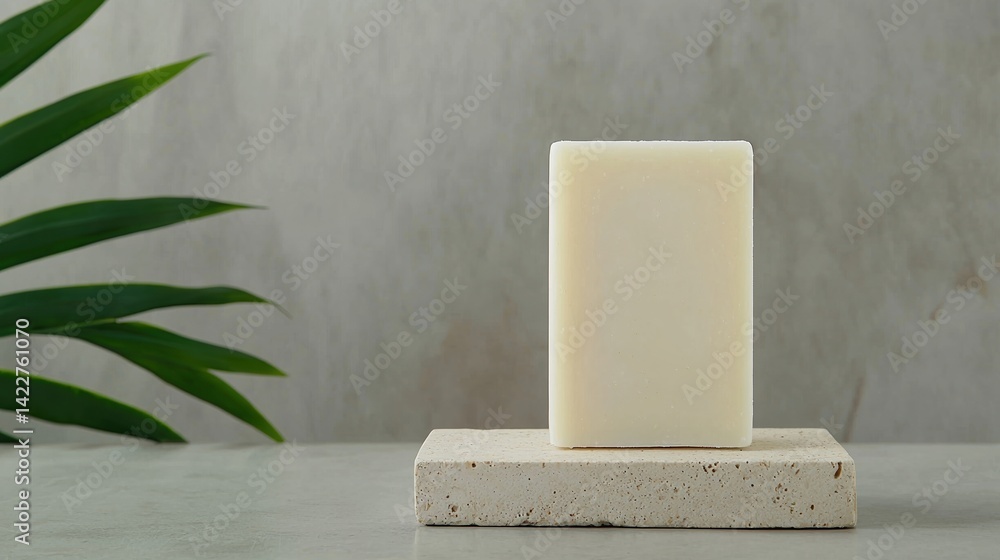 Poster a minimalist soap bar displayed on a textured surface, complemented by a leafy plant, creating a ser