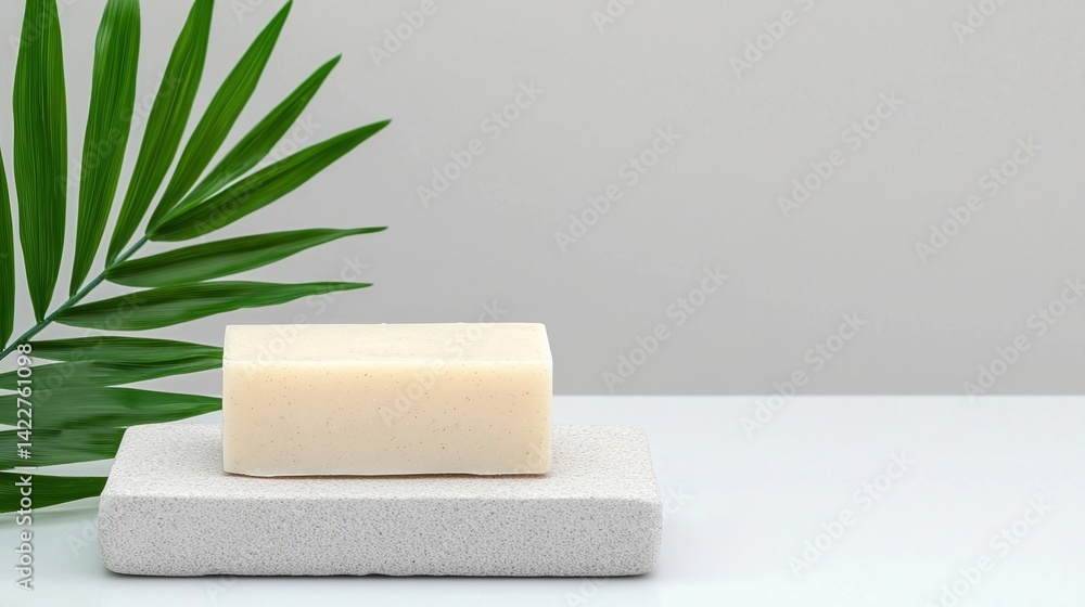 Poster a minimalist arrangement featuring a bar of soap on a textured surface, accompanied by a green palm 