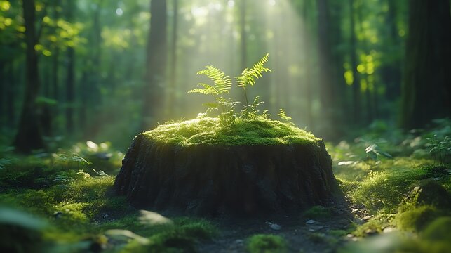 Sunrise illuminates a small plant sprouting from a mossy tree stump in a forest.