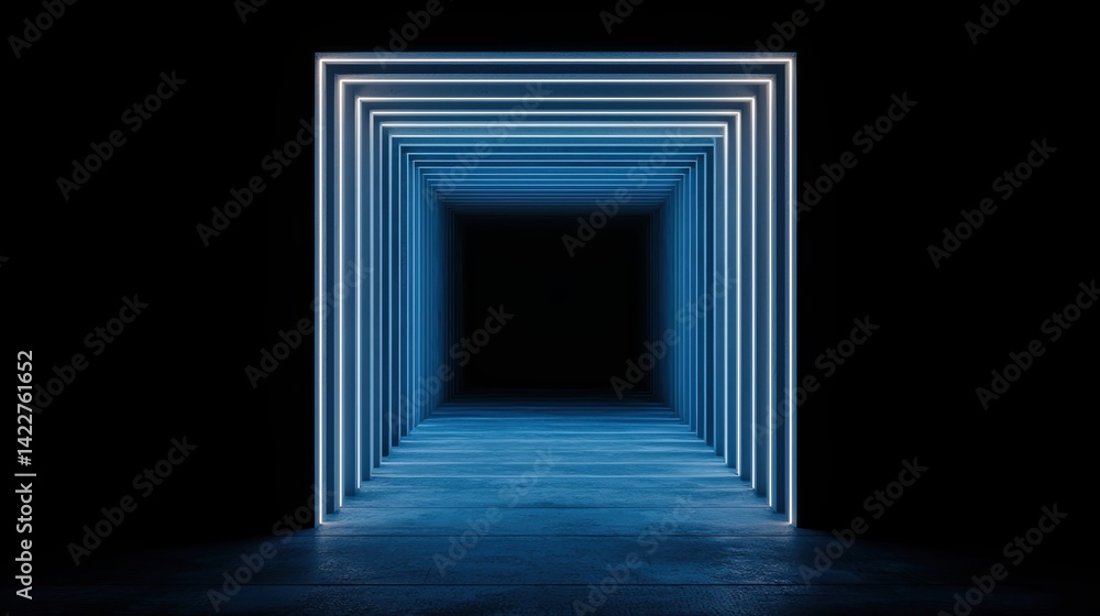 Poster a dark tunnel illuminated by glowing blue lines, creating a sense of depth and perspective in a mini