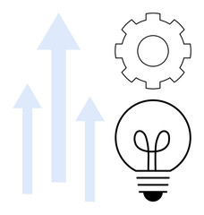 Gear, light bulb, and upward arrows represent innovation, growth, development, progress, success, strategy and problem-solving. Ideal for business technology creativity leadership goals