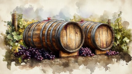 Watercolor painting displays two wine barrels with grapes nearby