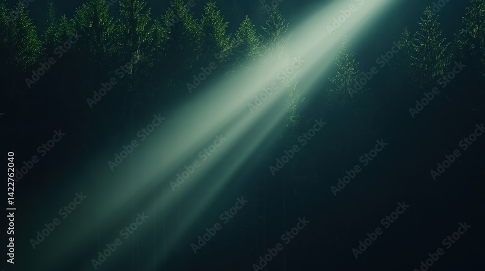 Poster a serene forest scene illuminated by beams of light piercing through dense treetops, creating a myst