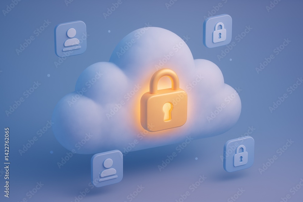 Poster cloud security: a 3d rendered image shows a cloud with a padlock superimposed upon it, representing 