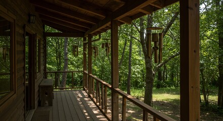 Serene Cabin Porch Overlooking Lush Green Forest: Tranquil Wooden Deck with Wind Chimes