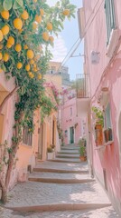 Pastel-hued alleyway with lemon trees in a sun-drenched Italian town.