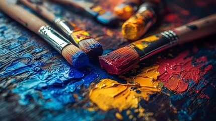 Fototapeta premium Colorful Paint Brushes and Splashes of Acrylic Paint on Canvas
