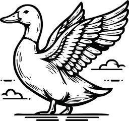 Black and white pen and ink line drawing mallard duck male duck bird standing illustration spot vector art