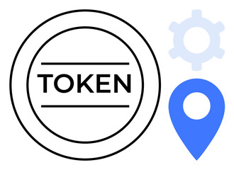 Circular token with bold text TOKEN, adjacent blue location marker and gear. Ideal for blockchain, cryptocurrency, digital services, navigation, technology systems, virtual assets, flat simple