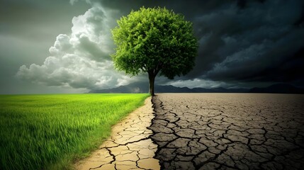 Contrast Between Green Field and Dry Cracked Earth with Tree