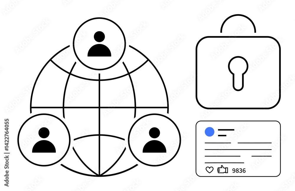 Poster globe with connected user profiles, secure padlock, and social media interface representing privacy,