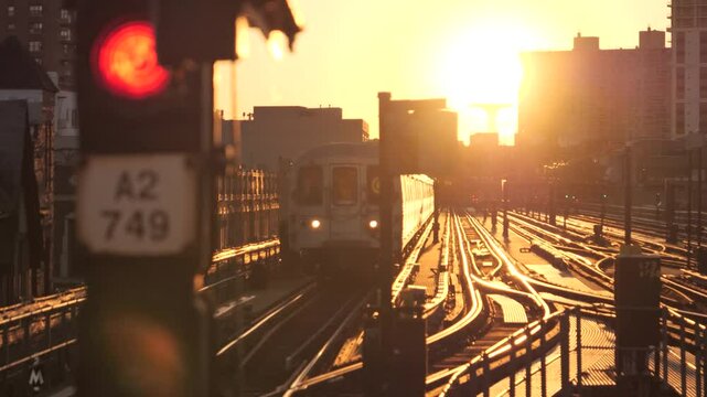 Train Approaching During Sunset In Brooklyn, New York City