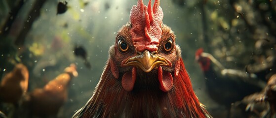 A fierce rooster stares intensely at the viewer from below