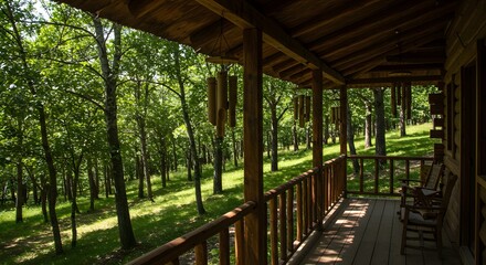 Serene Cabin Porch Overlooking Lush Green Forest Landscape Peaceful Summer Day Retreat
