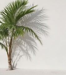 Obraz premium Crisp shadow of palm fronds on bright white wall Tropical aesthetic , vacation, bright