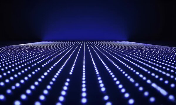 A digital grid of blue binary code extending into the distance, representing data flow and storage in an abstract style. The background is dark with light lines leading to infinity.