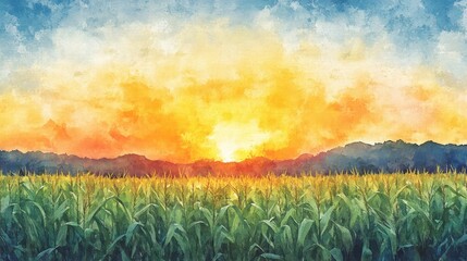 Watercolor painting depicts cornfield sunset over mountain range