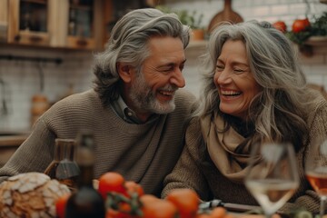 A happy middle-aged couple sitting in the kitchen, creating a cheerful atmosphere of love and happiness for a Valentine's Day celebration.