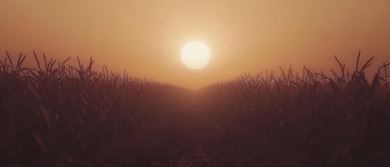 Golden sunset illuminates a cornfield in a hazy landscape