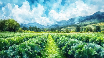A vibrant watercolor painting showcases a lush agricultural field scene
