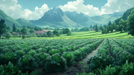 Cabbage farm landscape with mountains trees and cloudy sky