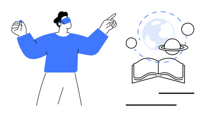 Person with VR headset pointing at virtual solar system above an open book, showcasing learning. Ideal for education, technology, innovation, astronomy, digital tools, augmented reality, online