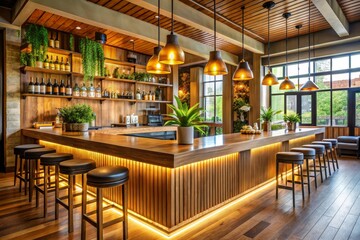 Upscale Bar Interior with Wooden Counter