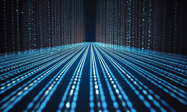 A digital grid of blue binary code extending into the distance, representing data flow and storage in an abstract style. The background is dark with light lines leading to infinity.