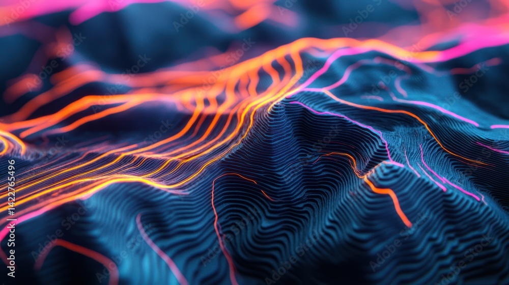 Poster abstract topographic rendering with vibrant glowing lines and soft textures
