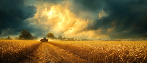 Combine harvester working in field of wheat under dramatic sky