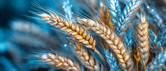 Golden wheat stalks glisten against a contrasting blue background