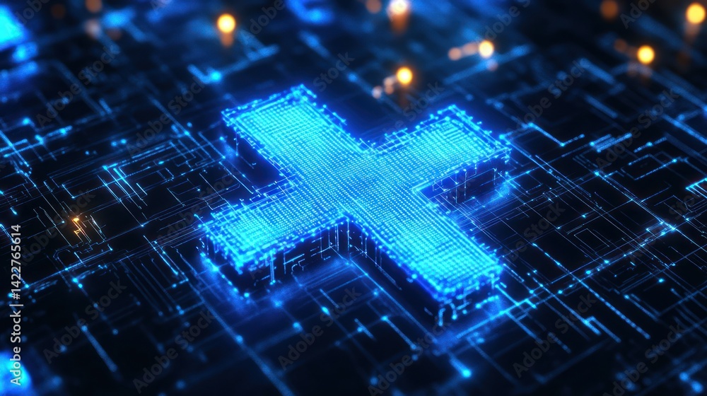 Poster digital technology cross symbol illuminated on a dark futuristic circuit board