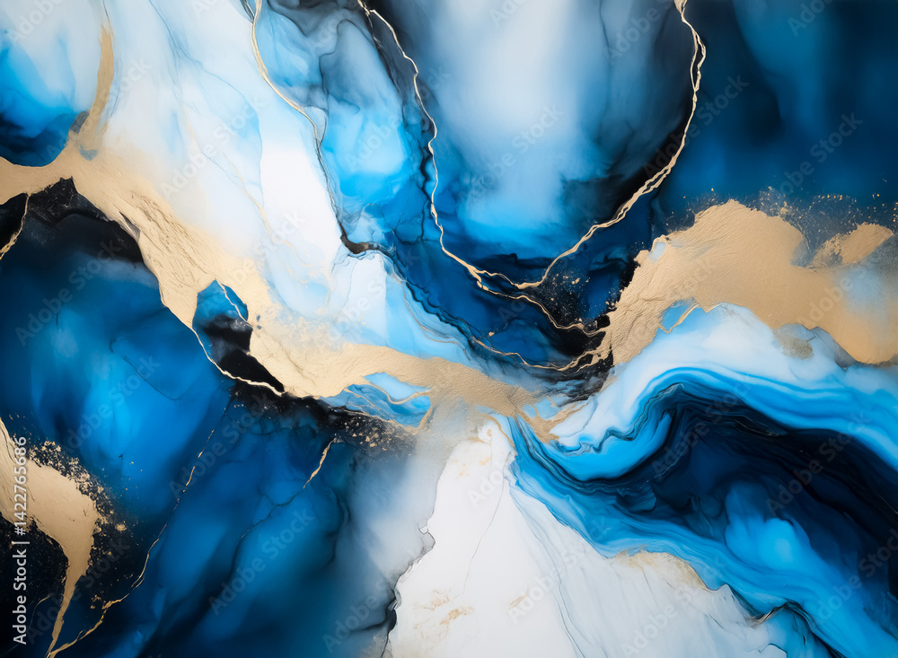 Poster Abstract image. Hints of fluid, vibrant blues intertwine with gold accents, creating a dynamic and elegant composition. The interplay of colors and textures evokes a sense of depth.