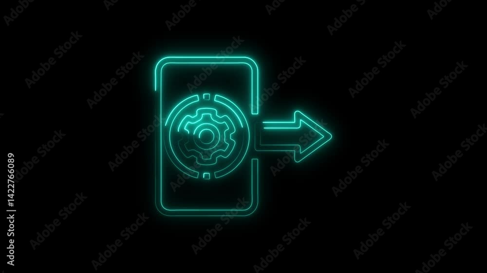 Poster animated neon style settings icon moving right on dark background