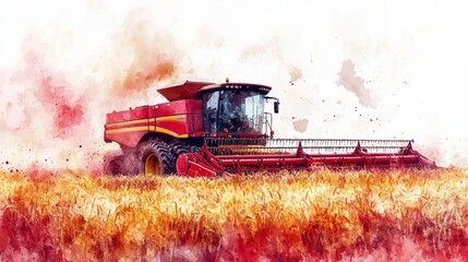 A red combine harvester working in a field of wheat
