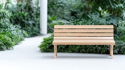 Naklejka premium Wooden Park Bench Lush Greenery, Natural Light High-Resolution, Front Centered View, Simple Design, Restful Contemplation, Botanical Garden Setting, Calm Neutral Tones, Perfect for Relaxation Ads