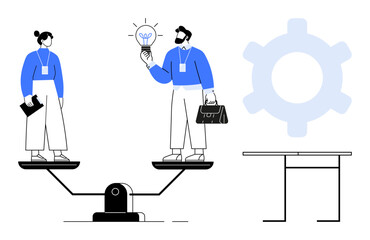 Two workers on a seesaw symbolize balance in teamwork. One holds a briefcase while the other has a lightbulb, representing ideas and tasks. Ideal for balance, innovation, teamwork, collaboration