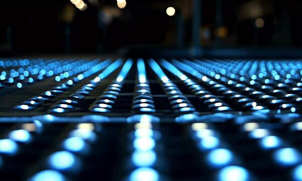 A digital grid of blue binary code extending into the distance, representing data flow and storage in an abstract style. The background is dark with light lines leading to infinity.